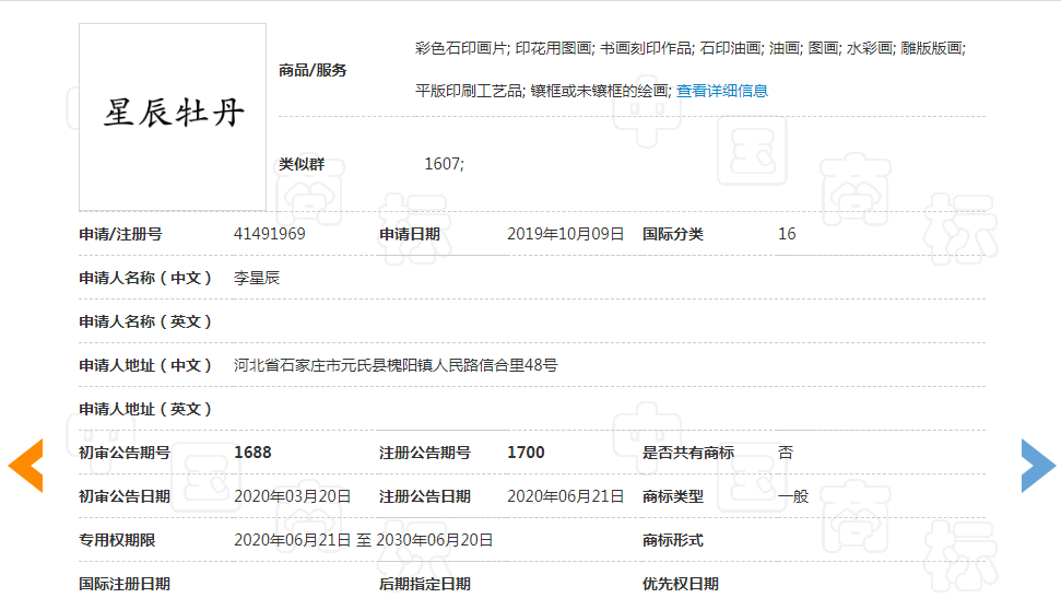 畫家李星辰申請商標注冊成功