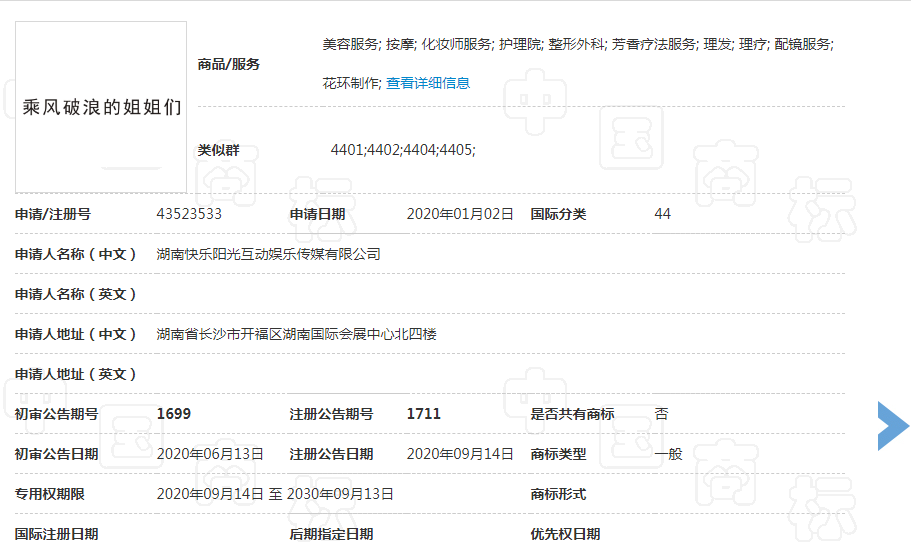 乘風破浪的姐姐商標被搶注