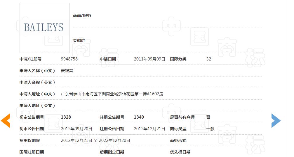 BAILEYS商標異議復審案