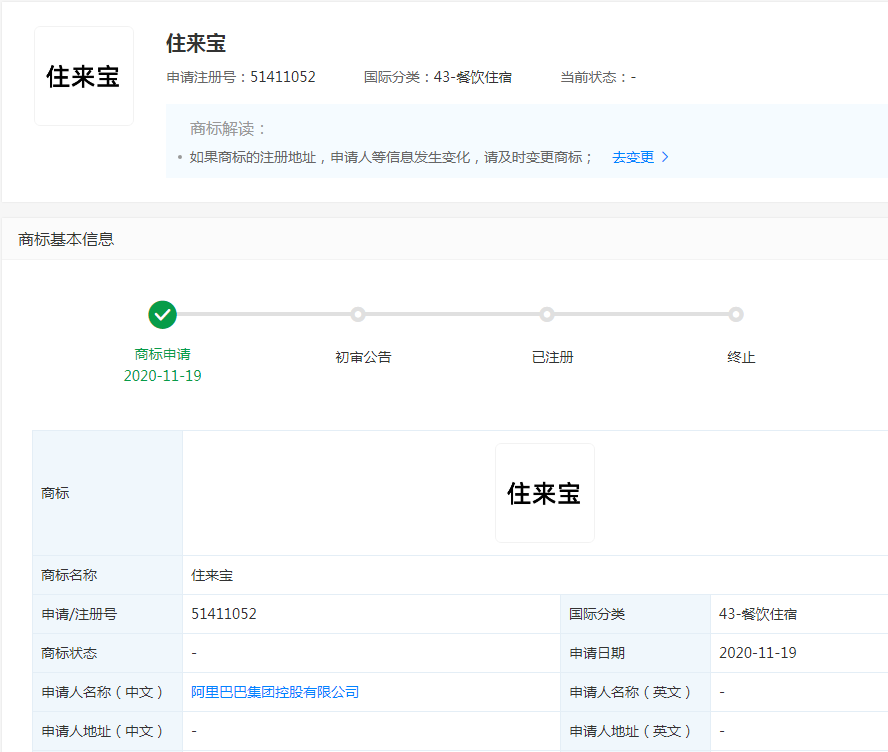 阿里巴巴集團申請注冊住來寶商標
