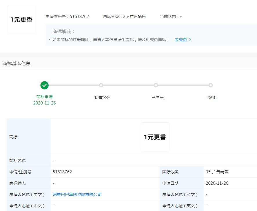 阿里巴巴進行了1元更香的商標注冊