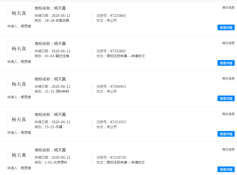 楊天真申請了本名商標注冊